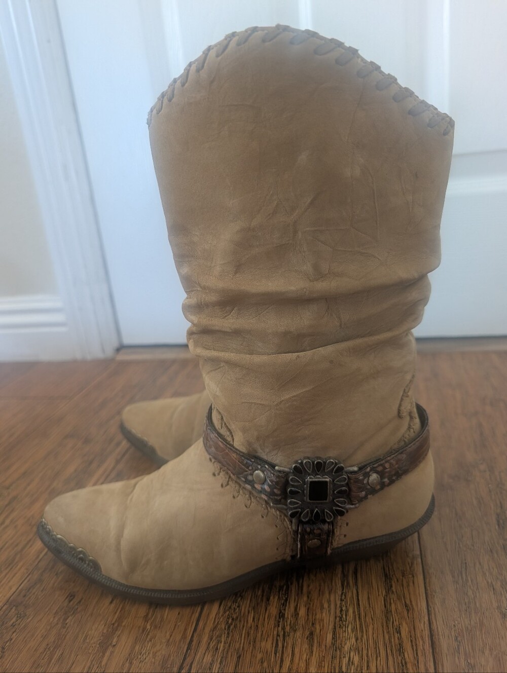 Vintage Women's Zodiac Tan Slouchy Western Boot with Decorative Strap